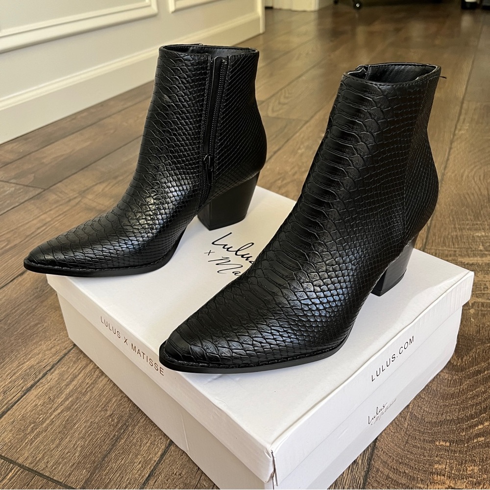 Lulus x Matisse Spirit Black Snake Pointed Toe Ankle Booties